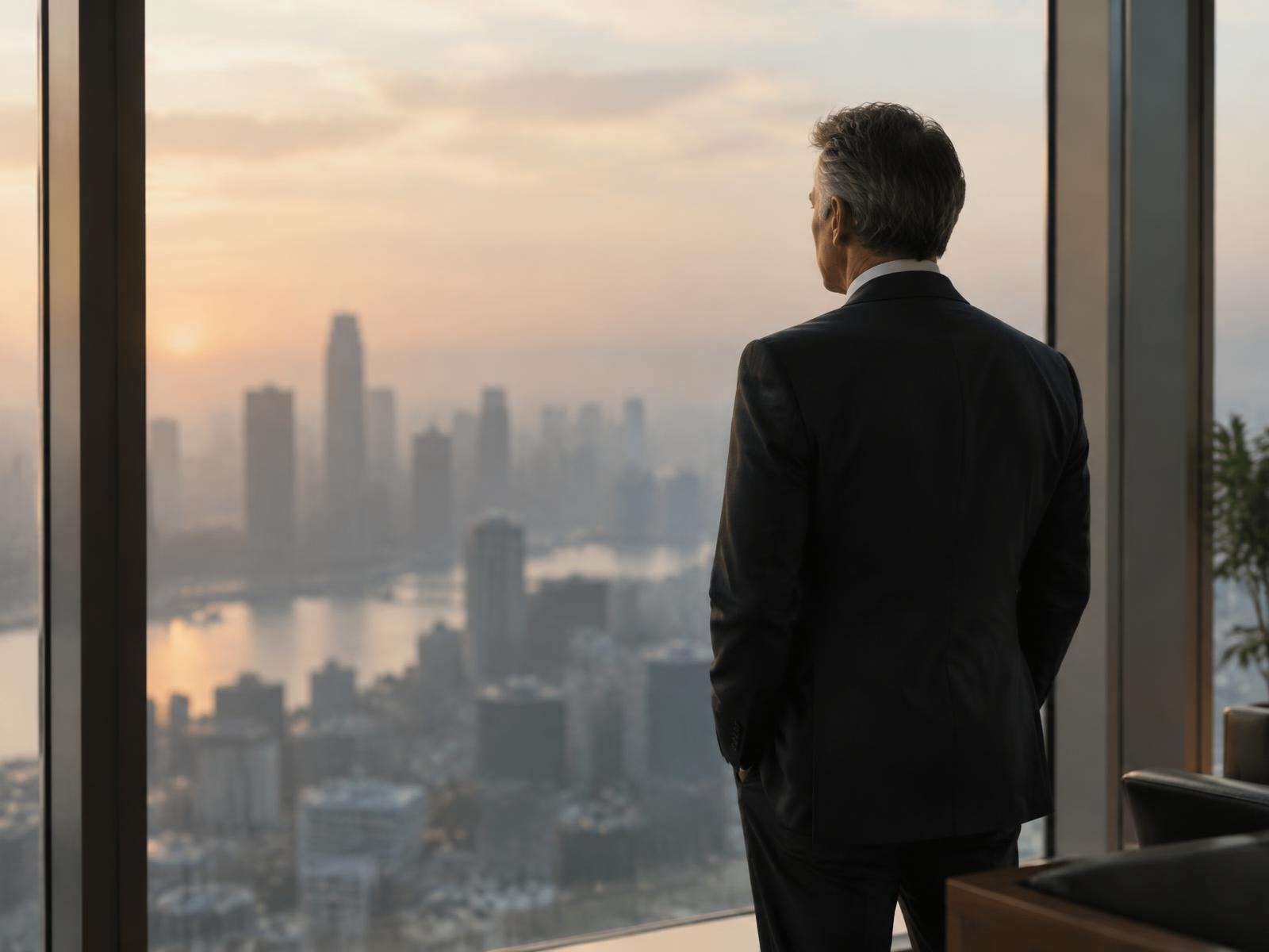 Senior executive standing at a floor-to-ceiling window at dawn, looking out over the city