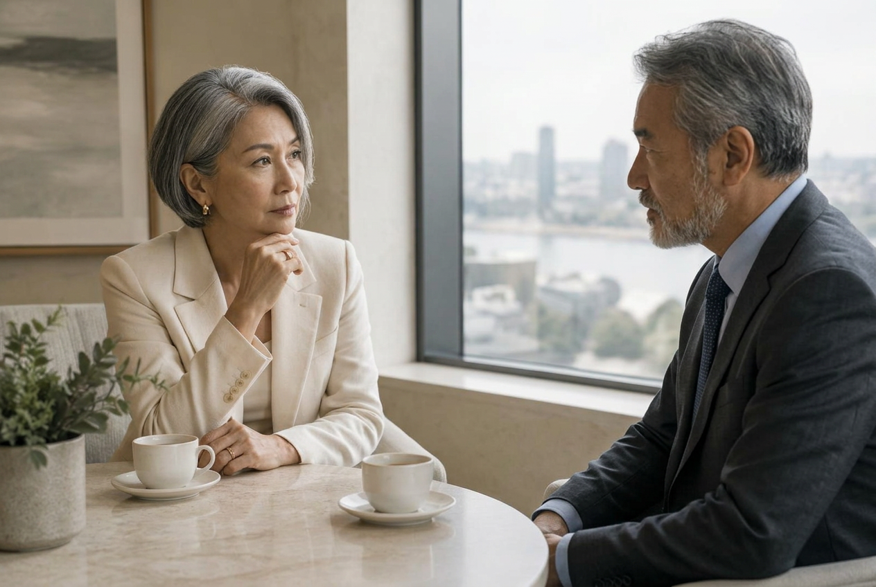 Two executives in quiet conversation by a window